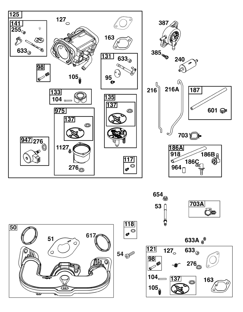 Carburetor And Fuel Supply Group Diagram and Parts List for 44U777-0011-G1 400000 - 699999 Briggs and Stratton Engine